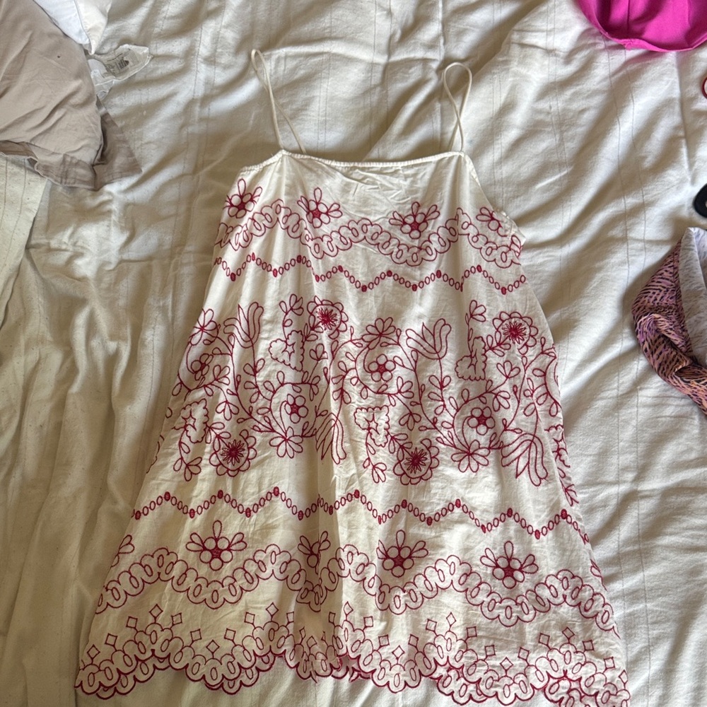 Zara Cream Dress with Red Floral Embroidery